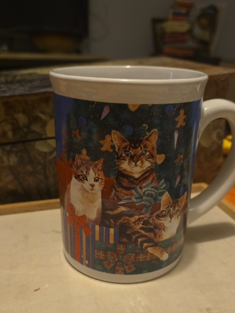 Festive Blue Cat Print Ceramic Mug - Holiday Kittens